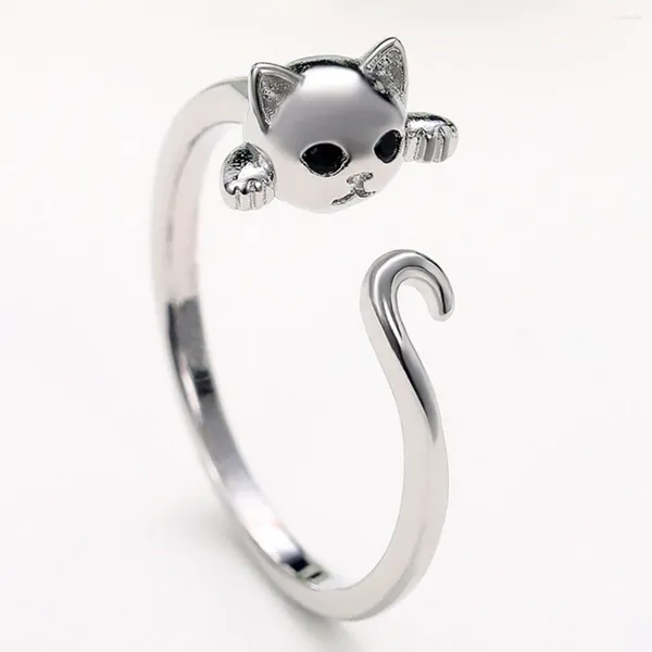 Anelli a grappolo Kawaii Cute Cat Anello aperto Color argento Ragazza regolabile per donna Festa Cristallo Zircone Regali di moda Gioielli