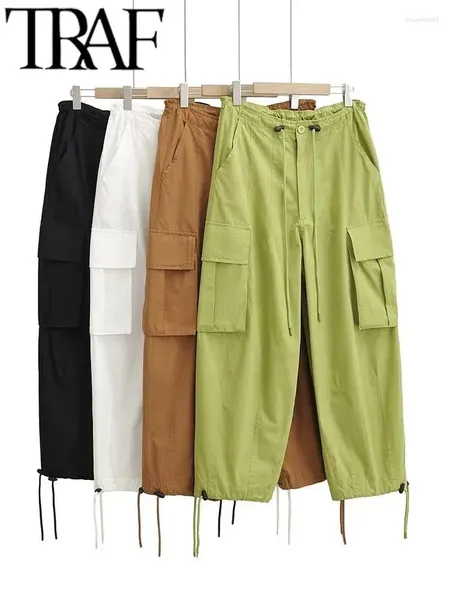 Женские брюки TRAF, летние повседневные женские брюки-карго с высокой талией и карманами, мешковатые спортивные штаны с завязками, широкие брюки до щиколотки, женские брюки Y2K