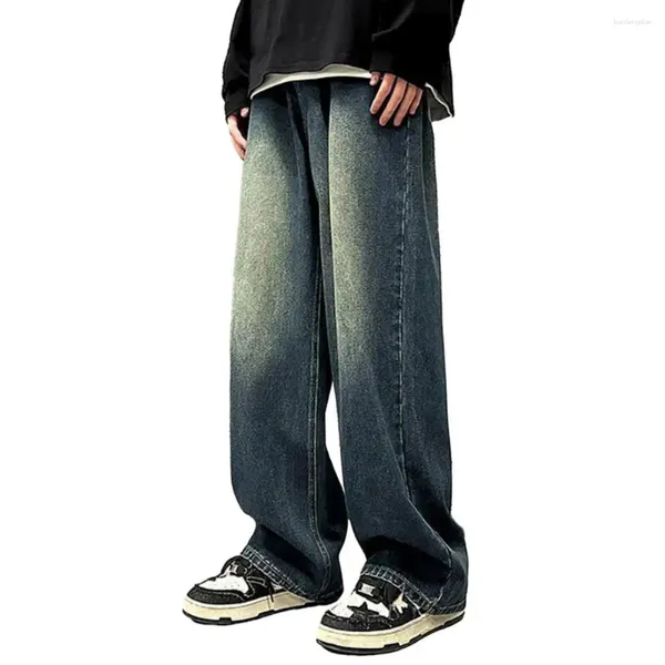 Jeans masculinos homens retro lavado azul angustiado solto ajuste calças jeans hip hop perna larga com gradiente para um