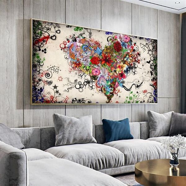 DDHH Wandkunst Bild Leinwanddruck Liebe Malerei Abstrakte Bunte Herz Blumen Poster Drucke für Wohnzimmer Zuhause Kein Rahmen1327K