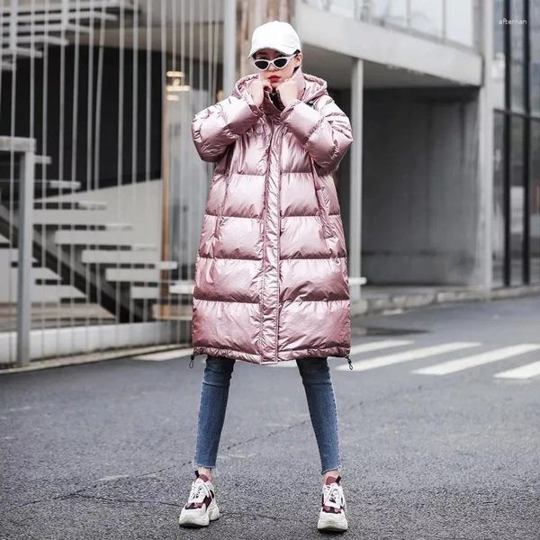 Casacos de Trench das Mulheres 2024 Moda Rosa Brilhante Down Acolchoado Parka Longo Inverno Jaqueta Quente Mulheres Grosso Com Capuz Oversized Solto Casaco de Algodão