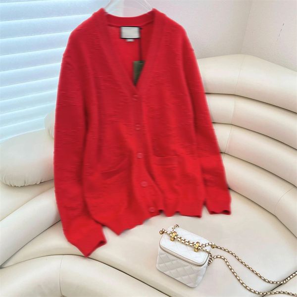 Maglione da donna designer autunno/inverno pullover cardigan in maglia classico basic rosso scollo a V tasca ricamo 3D sciolto casual versatile