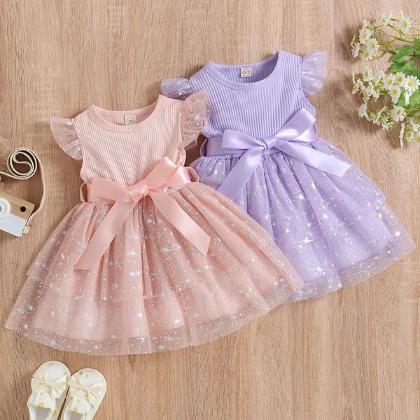 Mädchenkleider Kleinkind Kinder Mädchen Pailletten Sterne Rundhalsausschnitt Fliegenärmel Rippstrick Prinzessin Kleid Sommer Lässig mit Schleifengürtel