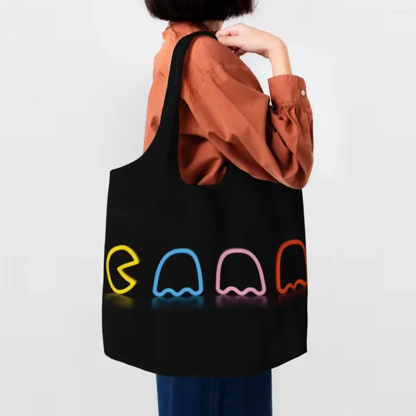 Sacos de compras reutilizáveis fantasmas arcade pc vídeo jogo saco feminino lona ombro tote durável mercearia shopper bolsa presentes