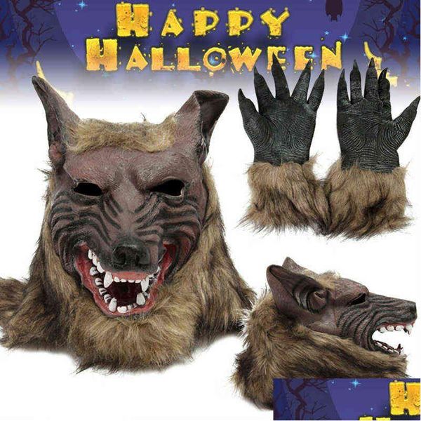 Partymasken Halloween Latex Gummi Wolfskopf Haarmaske Werwolf Handschuhe Kostüm Gruseliges Dekor Y220805 Drop Lieferung Hausgarten Festlich Dhqrc