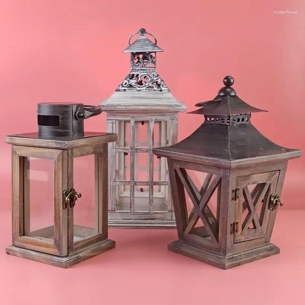 Portacandele Lampade a vento in legno creative retrò Decorazione domestica europea Desktop Caratteristiche Ornamenti Artigianato Matrimoni Antivento