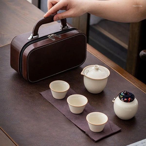 TeAware Setleri Kungfu Çay Seti Seramik Taşınabilir Çaydan Teapot Canister 5-6 Parçalı Ev Deri Kılıf Hediyesi Ev Dış Mekan İşletme