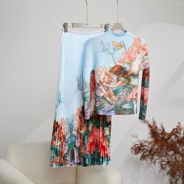 Vestidos de trabalho miyake terno plissado para mulheres primavera verão flor anjo impressão manga longa alta pescoço superior cintura saia conjunto de duas peças