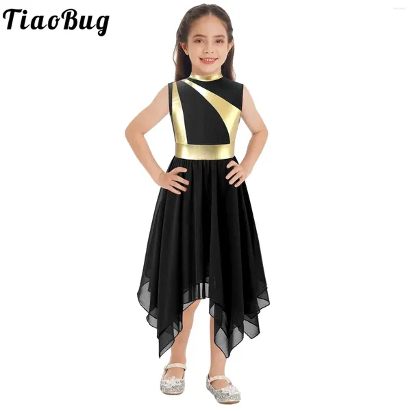 Bühnenkleidung Mädchen Lyrical Modern Dance Kleid Farbblock Lob Liturgische Tunika Ärmelloser Reißverschluss Unregelmäßiger Saum Kleider für Kinder