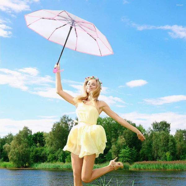 Regenschirme, transparenter Regenschirm, vollautomatisch, dreifach, transparent, für den Außenbereich, zusammenklappbar, für regnerische Tage, rosa Stativ, Reisen, Männer und Frauen