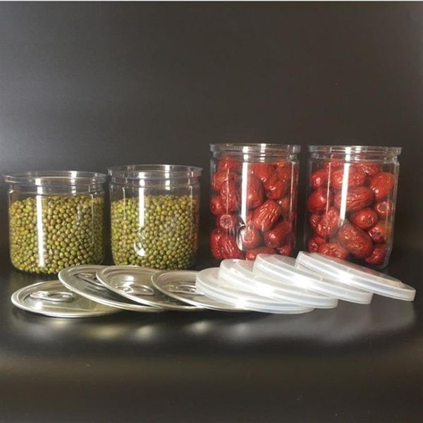 Frasco de plástico transparente PET com tampa de metal Recipientes de armazenamento de alimentos lata de plástico de fácil abertura com anel de tração 2562