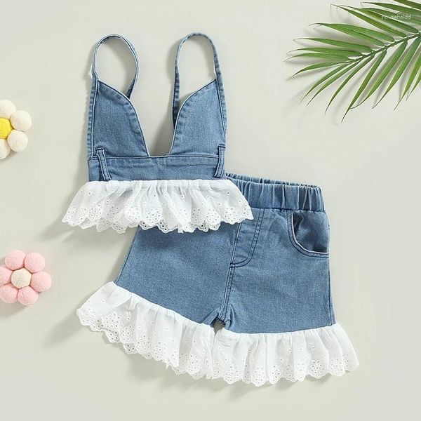 Kleidungssets 1-5 Jahre Kinder Baby Mädchen Sommer Outfit Spitze Patchwork rückenfrei Denim Leibchen und Kleinkind elastische beiläufige Shorts Set