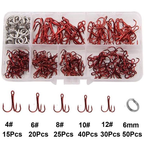 Ganchos de pesca 180pcs Caixa Treble Kit de equipamento de aço de alto carbono Curva redonda com anéis duplos de divisão inoxidável244p