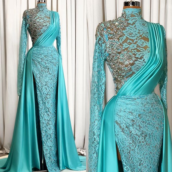 Vintage-Damen-Abendkleider, hoher Kragen, lange Ärmel, Ballkleider, Falten, Spitze, Strass, seitlich geteilt, Sweep-Zug-Kleid für Party, maßgeschneiderte Robe De Soiree