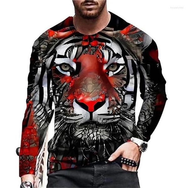 Herren-T-Shirts, 3D-gedrucktes Tiger-Muster, Männer, O-Ausschnitt, Langarm, lässig, modisch, T-Shirt, Top, Sweatshirt, atmungsaktiv, Streetwear, lose T-Shirts