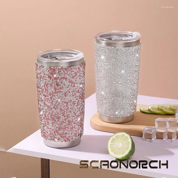 Bottiglie d'acqua SCAONORCH Luxury Diamond Doppia parete Thermos in acciaio inossidabile Tazza da caffè Bicchiere Boccette sottovuoto Bottiglia dritta