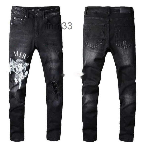 Herren-Jeans, Kleidung, Designer-Jeans von Amires, 817, Schwarz, Amies High Street, Buchstaben-Engel-Muster, lässig, mikroelastische Baumwolle, Jugend-Tight für Herren, Distres2