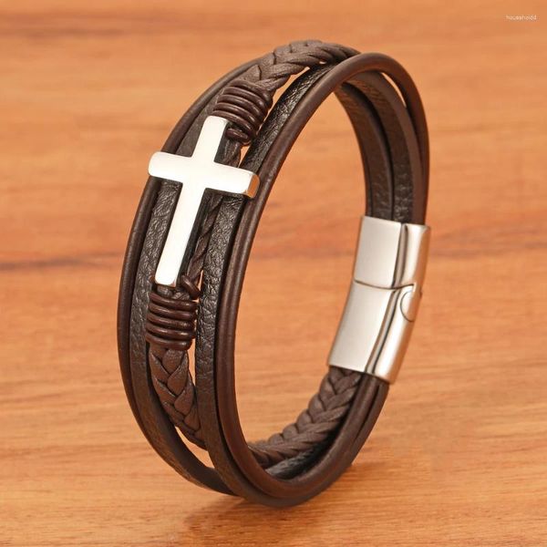 Charm-Armbänder Herren-Armband aus gewebtem, kaffeefarbenem, mehrschichtigem Lederseil-Kreuzarmband