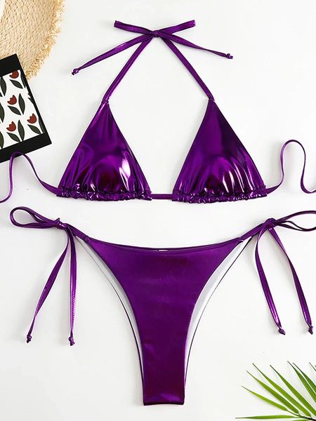 Sexy metálico halter biquinis define rendas até triângulo gravata lateral bikini maiô feminino banho brasileiro fatos de banho 240119