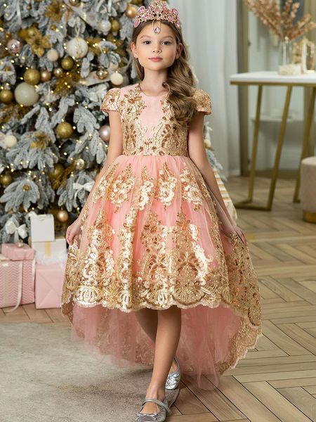 2024 Girls Rosa Princess Ball Organza Flower Girl Dresses a mano Made perle per perle Crystals Gold Lace Toddler Pagina Kids Birthday Pageant Gown 403 403