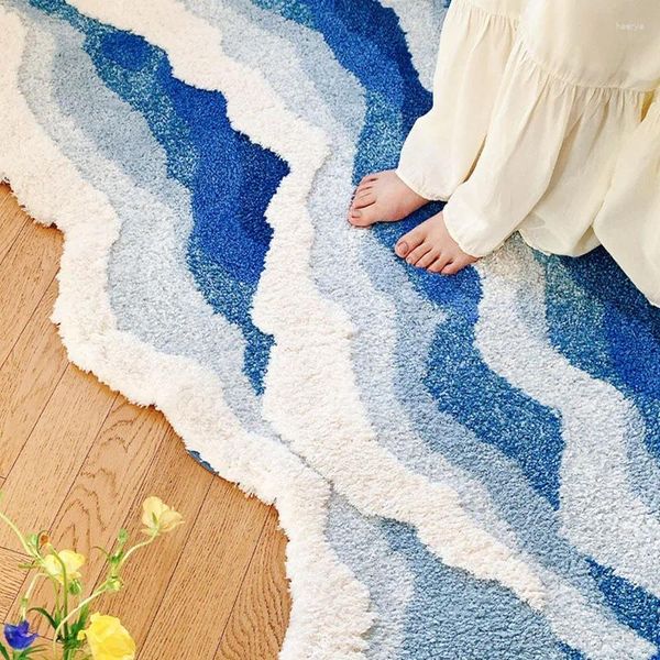 Teppiche Blauer Ozean-Wellen-Teppich, nordischer abstrakter Bereich, modernes Schlafzimmer, Meereswellen, Kunst, Wohnzimmer, Badematte, handgetuftet