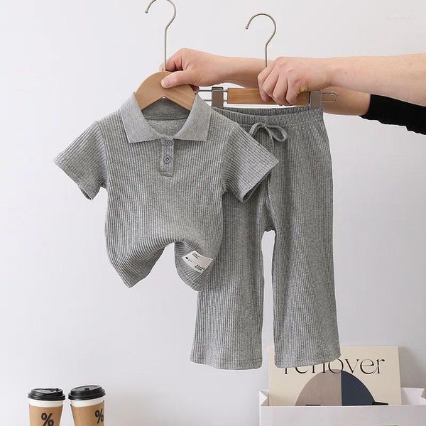 Kleidungssets Mädchen-Sommeranzug, Baby-Polo-Ausschnitt, kurzärmliges Oberteil, weites Bein, Hose, lässig, sportlich, zweiteiliges Set, 1–6 Jahre alt