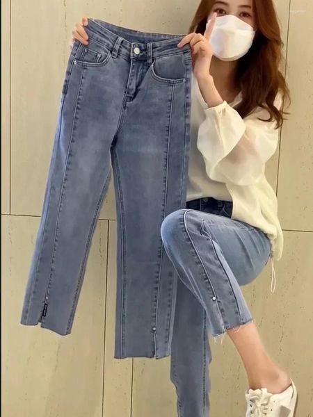 Jeans femininos y2k em forma de pêra desgaste do corpo com plus size 2024 primavera e outono divisão emagrecimento nove calças de tubo reto mulheres