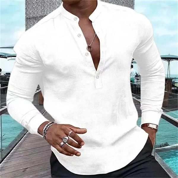 Camisas casuais masculinas camisa elegante henry cor sólida meio botão gola muscular topo macio confortável 2024 estilo