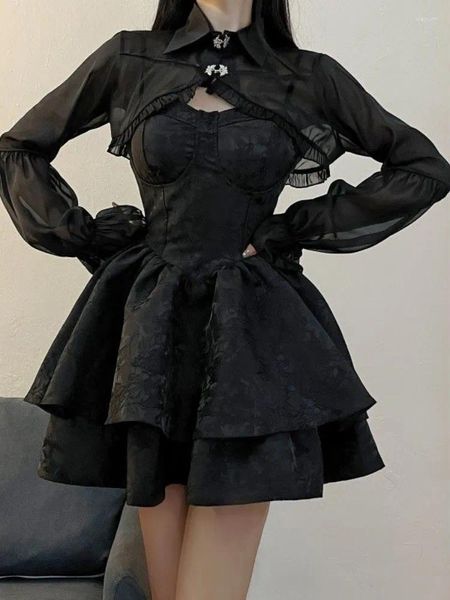 Casual Kleider 2024 Sommer Schwarz Gothic Lolita Kurze Party Anzüge Frauen Langarm Mantel Reine Farbe Mini Kleid Mode Hohe taille Outfits