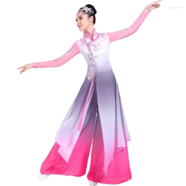 Bühnenkleidung für Damen, klassischer Tanz, eleganter chinesischer Stil, ethnischer Regenschirm-Fächer, Yangko-gestickter Stehkragen, Performance-Kleidung