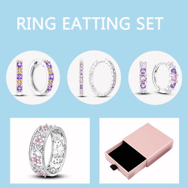 Sets 5 teile/los Prinzessin Rosa Lila Große Creolen 925 Silber Rosa Blume Zirkon Ring Für Frauen Schmuck Ringe Set mit Geschenk Box