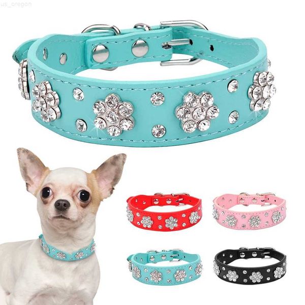 Coleiras para cães Trelas Didog Strass Coleira para cães Diamante Couro Pet Filhote de cachorro Colar Bling Crystal Studded Coleiras para gatos Rosa Vermelho para cães pequenos e médios