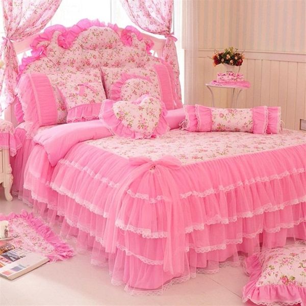 Koreanischen stil rosa Spitze bettdecke bettwäsche set könig königin 4 stücke prinzessin bettbezug bett röcke bettwäsche baumwolle heimtextilien 201114234S