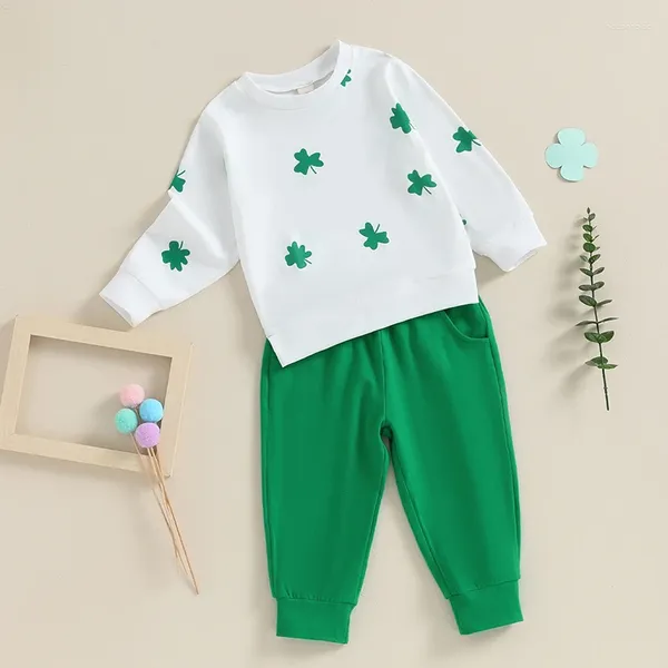 Set di abbigliamento St Patricks Day Baby Girl Boy Outfifit Four Leaf Stamp Stamping Spegni a maniche lunghe pantaloni per bambini inverno