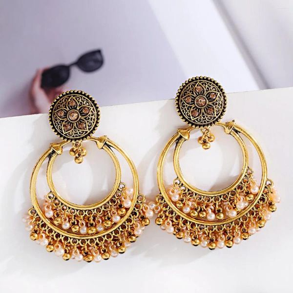 Baumelnde Ohrringe Retro Gypsy Damen Goldfarbe Große Runde Jhumka Ethnische Perlenquaste Baumelnde Damenohrring Modeschmuck