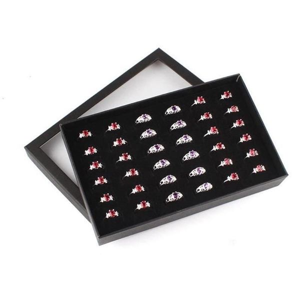 Caixas de armazenamento caixas de veludo preto anel exibição caixa transparente janela mostrar capa 36 slots brinco jóias titular organizador2552