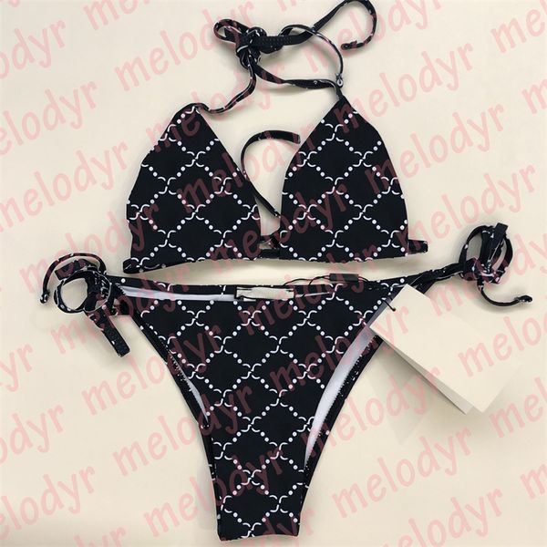 Klasik mektup baskı mayo siyah bikini set kadınlar yüzme biquinis seksi sırtsız yular mayo iki parça set