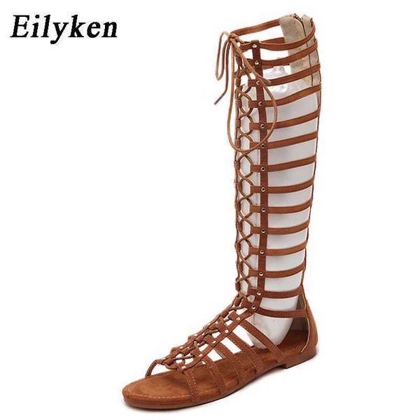 Sandalen Eilyke Hohe Qualität Weiches Leder Frauen Sandalen Riemchen Offene spitze Knie Sommer Gladiator Flache Sandalen Römischen Verband Casual Stiefel