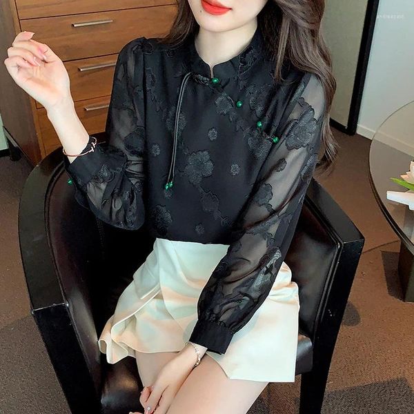 Damenblusen 2024 Frühlingsblume Weiß Schwarz Tops Tang Kostüm Chinesischen Stil Hemden Traditionelle Qipao Cheongsam Bluse Für Dame Weiblich