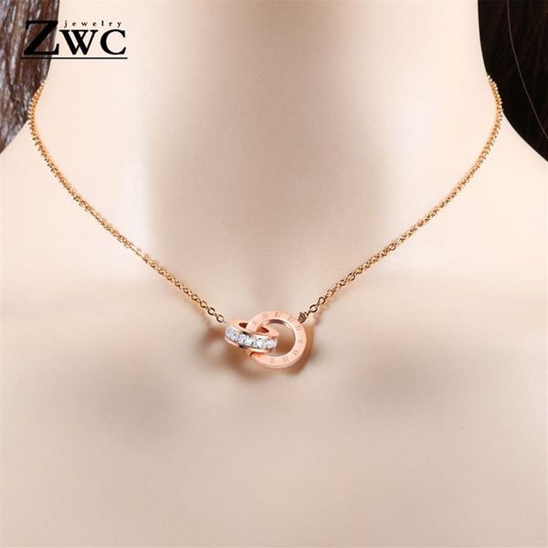 Zwc moda charme romano digital duplo círculo pingente colar para mulheres meninas festa titânio aço rosa ouro colares jóias259g