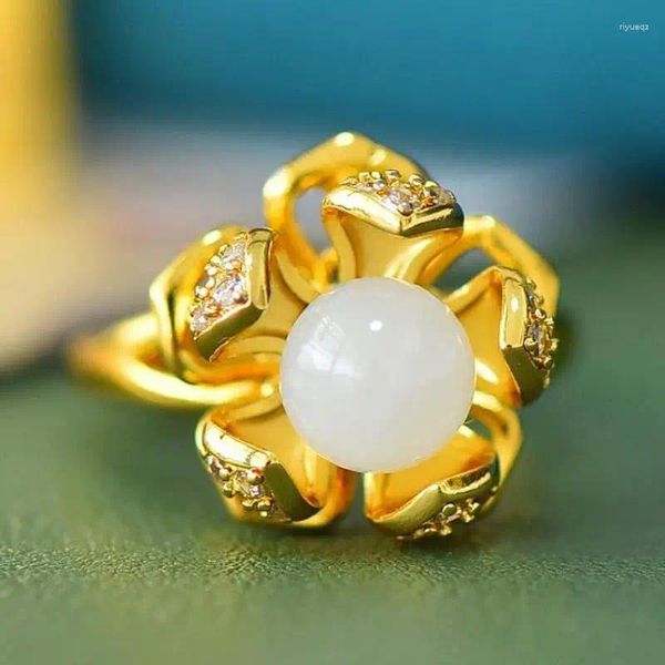 Anéis de Cluster Natural Branco Jade Flor Anel Ajustável Mulheres Fine Jewelry Chinês Hetian Jades Nephrite Zircon Cobre Ouro Senhoras Presentes