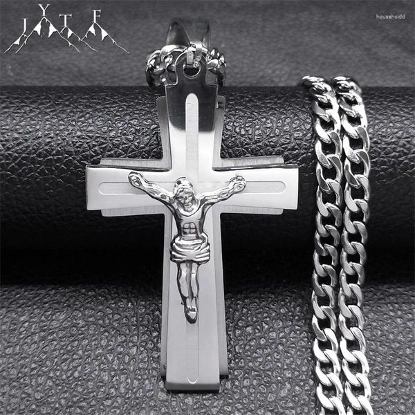 Anhänger Halsketten Jesus Kreuz Halskette Frauen Edelstahl Kette Für Männer Silber Farbe Kruzifix Religiöse Schmuck Cruz Kragen N2342S05