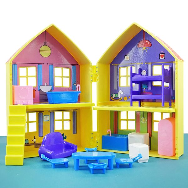 Crianças simulação villa móveis casa amarela 1/12 caixa de combinação dupla face casa de bonecas em miniatura jogar para menina presente de aniversário 240129