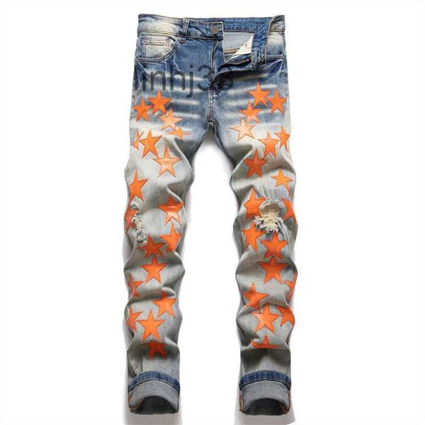 Herren-Jeans Amirs Jeans für Herren, zerrissene Herren-Jeans mit orangefarbenen Sternen, normale Passform, Buchstaben-Stickerei, Reißverschluss, schwarz, mittlere Bleistifthose, Designer-Loch, schmal, zerrissen