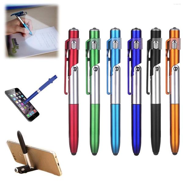 Caneta esferográfica dobrável multifuncional 4 em 1, com luz led, escrita, leitura noturna, papelaria, suporte para celular, material escolar