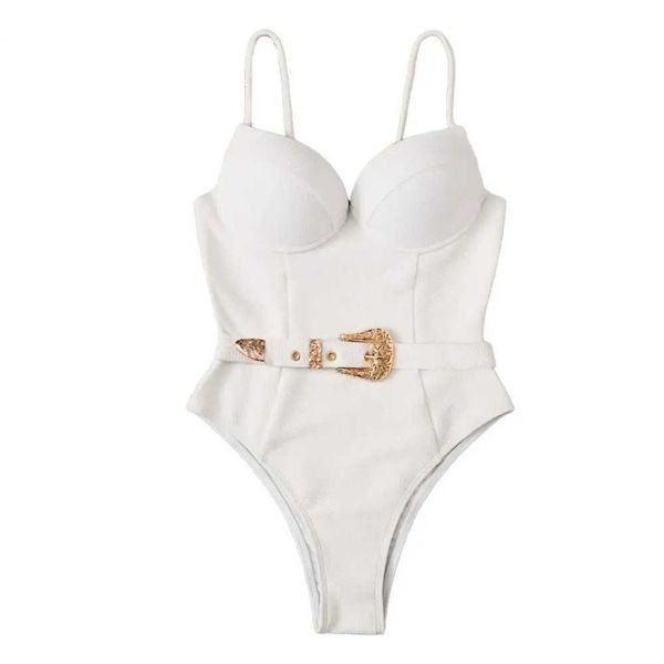 Roupa de banho feminina Biquíni feminino roupa íntima com alças espaguete decote em V cor sólida suspender maiô integrado adequado para viagens na praia J240131