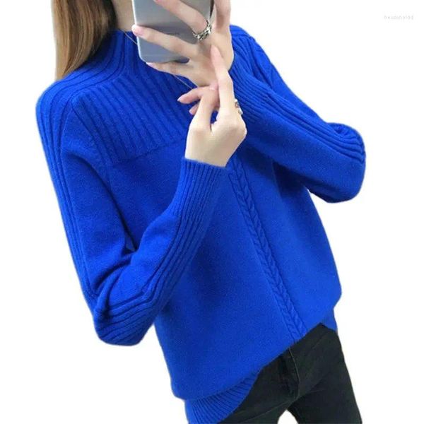 Suéteres femininos quentes camisola de gola alta mulheres 2024 outono inverno manga longa pulôver feminino malha tops solto royal azul jumper senhoras
