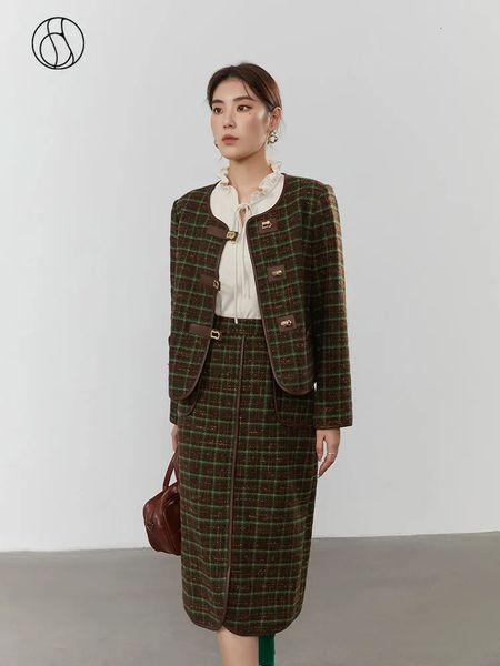 DUSHU Plaid Duft Frauen Röcke Sets Leder Nähte Kurzen Wollmantel Langen Rock Anzug Retro Grün Plaid Frauen Winter Jacken 240118