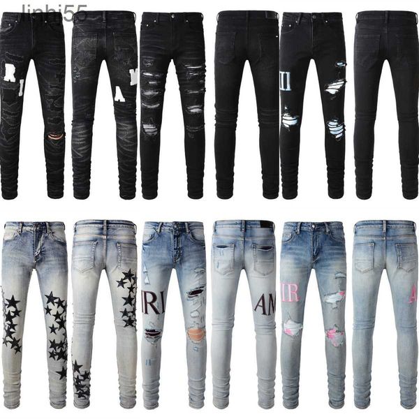 Jeans masculinos novos jeans mens designer de alta qualidade moda legal estilo luxo denim calça angustiado rasgado motociclista preto azul jean homens calças wv00