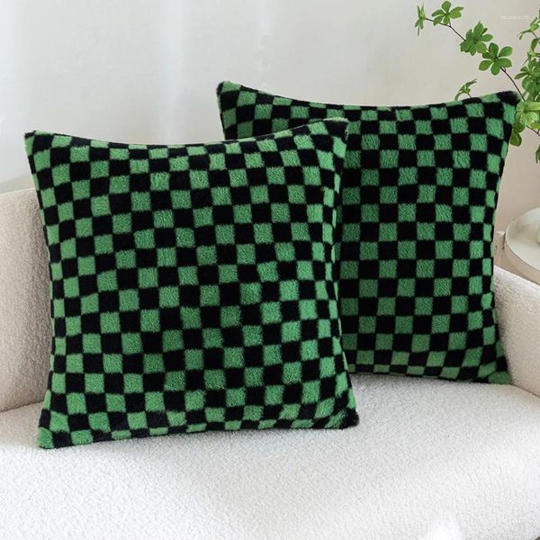Federa per cuscino nero verde a scacchiera plaid imitazione capelli peluche divano modello intrecciato